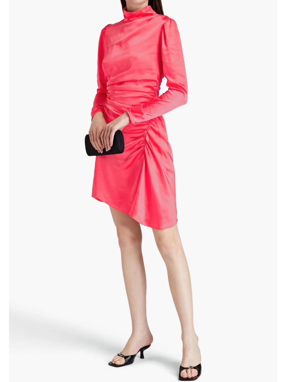 A.L.C. JOSS Dress Mock Neck Satin Ruched Long Sleeve in Hibiscus Sz 10 RV $450.0